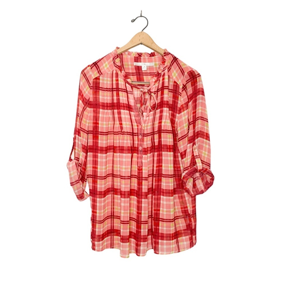 LC Lauren Conrad Lightweight Colorful Plaid Roll‎ Tab Sleeve Blouse Medium M